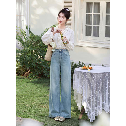 鹿向南「午后漫步」慵懒风蓝色烫钻牛仔裤女夏季新款显瘦气质长裤 商品图4