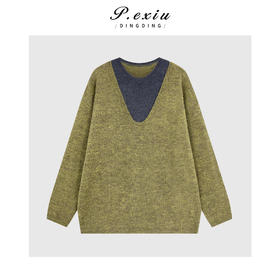 04-2潘依绣丁丁宠粉羊毛撞色拼接假两件宽松减龄圆领长袖针织上衣Q46995