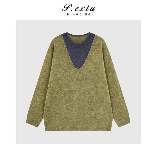 04-2潘依绣丁丁宠粉羊毛撞色拼接假两件宽松减龄圆领长袖针织上衣Q46995 商品图0