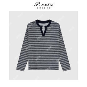 04-2潘依绣丁丁宠粉磨绒感简约宽松撞色条纹V领长袖卫衣 W-63502