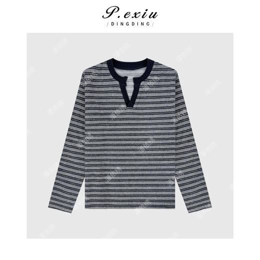 04-2潘依绣丁丁宠粉磨绒感简约宽松撞色条纹V领长袖卫衣 W-63502 商品图0