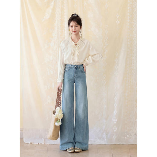 鹿向南「午后漫步」慵懒风蓝色烫钻牛仔裤女夏季新款显瘦气质长裤 商品图3