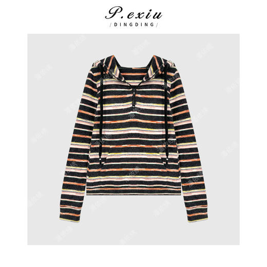 04-2潘依绣丁丁宠粉复古磨毛撞色条纹半拉链连帽长袖卫衣M9116 商品图1