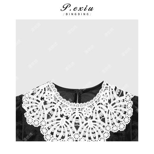 04-2潘依绣丁丁宠粉进口丝绒复古高级撞色拼接钩花翻领长袖衬衫W-63702 商品图2