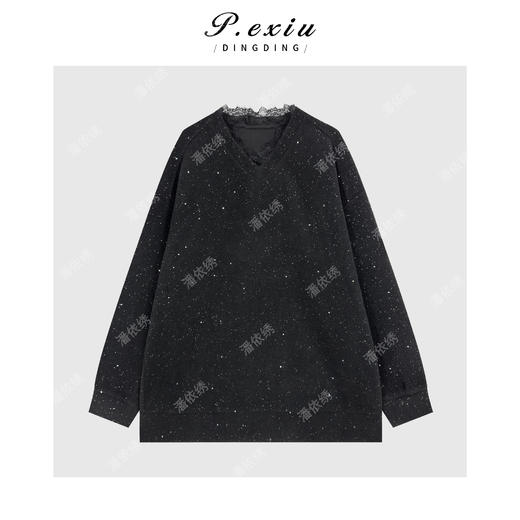 04-2潘依绣丁丁宠粉 羊毛高级感细闪亮片拼接蕾丝V领长袖针织上衣M9176 商品图1