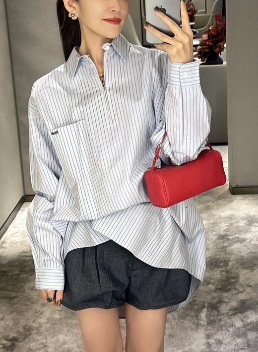 女款半拉链条纹长袖衬衫la020 商品图3