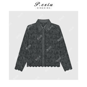 04-2潘依绣丁丁宠粉 高级感气质蕾丝植绒网纱拼接翻领长袖衬衫M9164