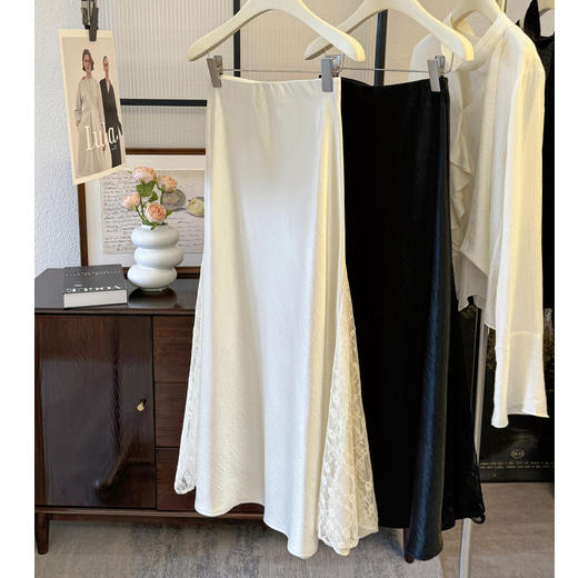 法式不规则蕾丝拼接【缎面鱼尾半身裙】修身显瘦高级感 开又中长款裙子 商品图2