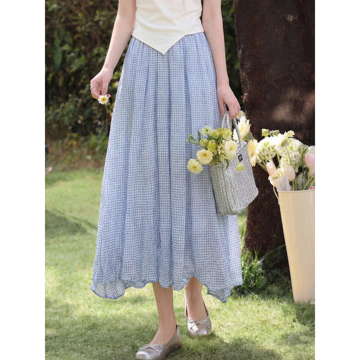 鹿向南【0407/20:00新品】蓝色格子半身裙 商品图0