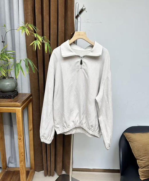 JI简轻奢进口亚麻半拉链立领宽松轻薄卫衣款外套 商品图4
