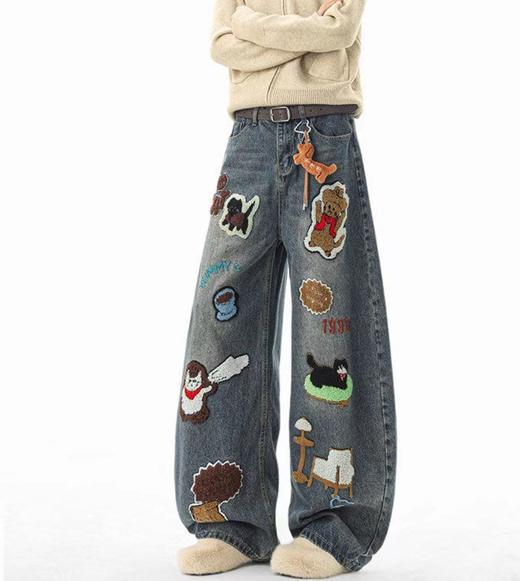 F040518春秋季新款情侣款高街vibe风刺绣拼接做旧风水洗牛仔裤长裤 商品图5