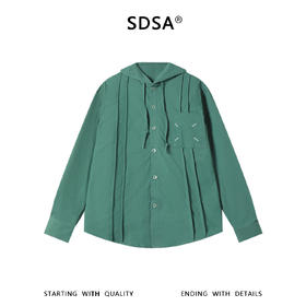 SDSA男装2026新款高贵轻奢日系褶皱刺绣纯色连帽长袖衬衫百搭舒适