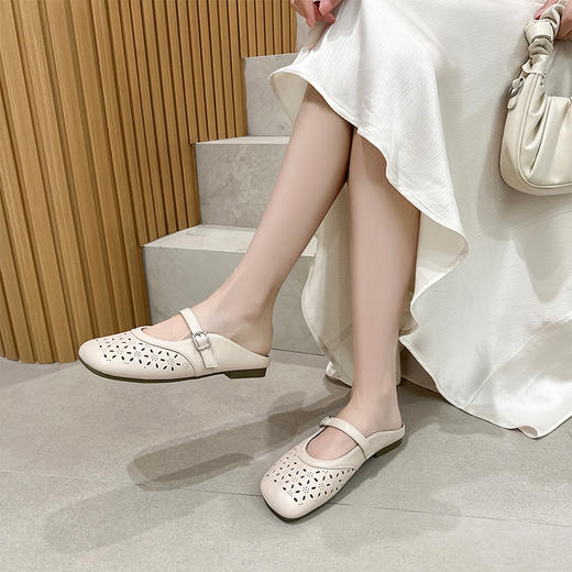 镂空单鞋春季新款复古平底芭蕾鞋女浅口低跟一字带镂空单鞋9315 商品图1