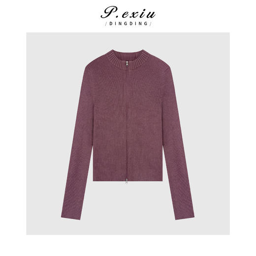 04-2潘依绣丁丁宠粉羊毛竖坑条双拉链修身显瘦圆领长袖针织开衫Q46987 商品图0