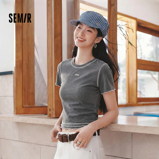 商场同款|森马短袖T恤女夏季短款木耳边修身2026新款小众复古衣服 商品图1