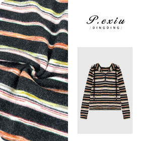 04-2潘依绣丁丁宠粉复古磨毛撞色条纹半拉链连帽长袖卫衣M9116
