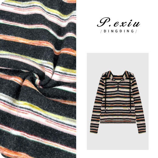 04-2潘依绣丁丁宠粉复古磨毛撞色条纹半拉链连帽长袖卫衣M9116 商品图0