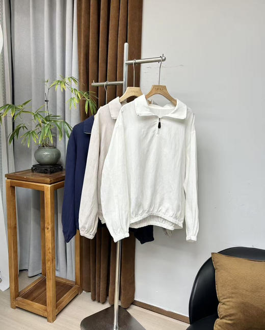 JI简轻奢进口亚麻半拉链立领宽松轻薄卫衣款外套 商品图0