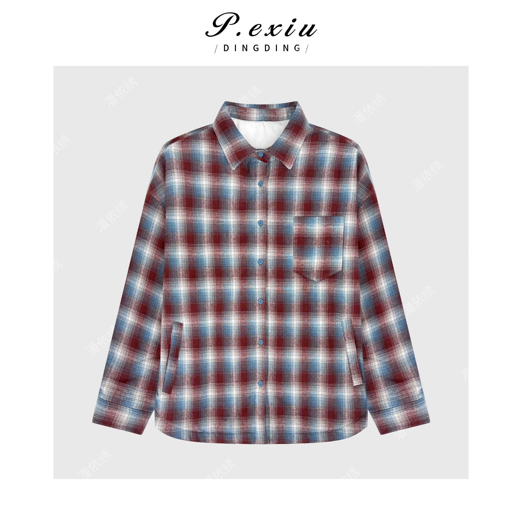 04-2潘依绣丁丁宠粉复古撞色格纹休闲慵懒宽松翻领夹棉外套 M9247