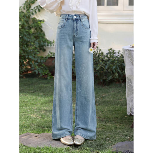 鹿向南「午后漫步」慵懒风蓝色烫钻牛仔裤女夏季新款显瘦气质长裤 商品图0