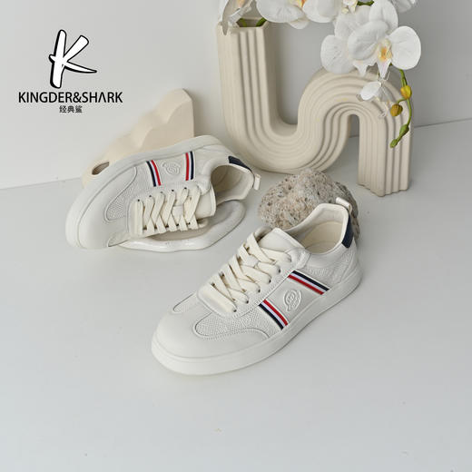 经典鲨2026年春季专柜新品男士牛皮革时尚拼色平底板鞋小白鞋KW361-626051 商品图1