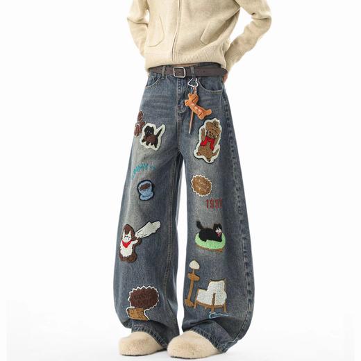 F040518春秋季新款情侣款高街vibe风刺绣拼接做旧风水洗牛仔裤长裤 商品图2