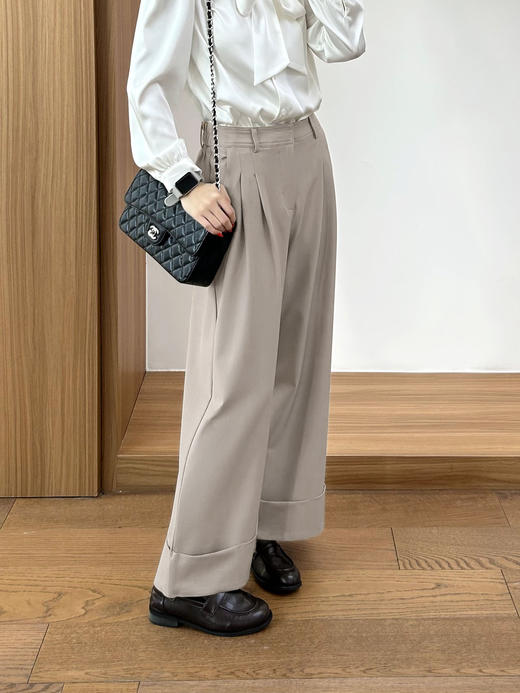 天猫同步【简约高级感】拉夏贝尔/La Chapelle通勤百搭阔腿裤微弹半松紧压褶卷边显瘦休闲裤 商品图7