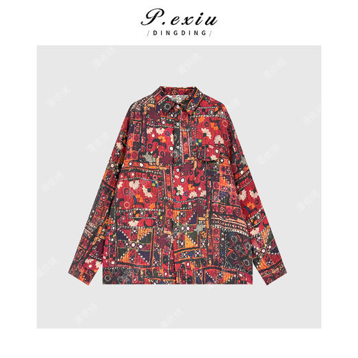 04-2潘依绣丁丁宠粉 100%亚麻数码直喷民族风印花长袖衬衫W-63393 商品图1