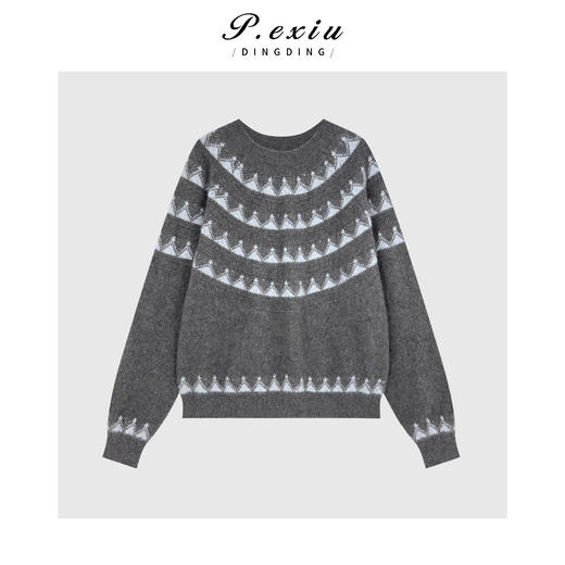 04-2潘依绣丁丁宠粉浣熊绒绵羊毛复古费尔岛提花圆领长袖针织上衣Q25971 商品图1
