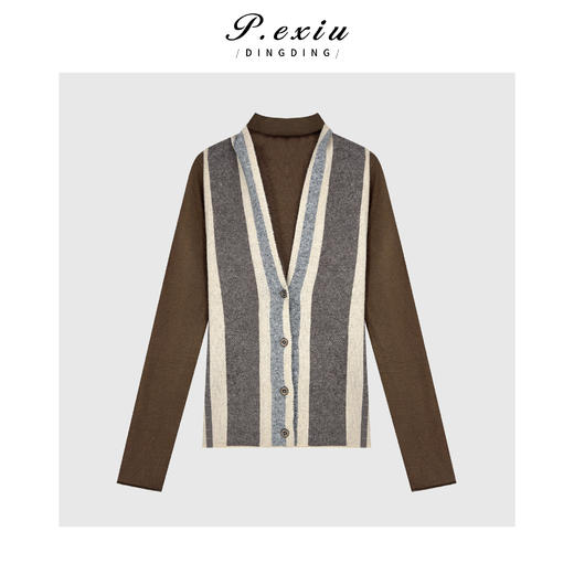 04-2潘依绣丁丁宠粉 韩系时髦真两件撞色条纹挂脖高领长袖针织上衣Q78461 商品图0