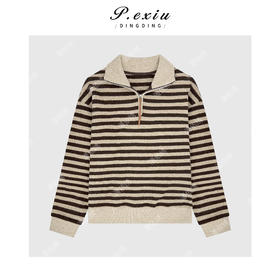 04-2潘依绣丁丁宠粉慵懒风撞色条纹宽松半拉链立领长袖针织上衣Q69314