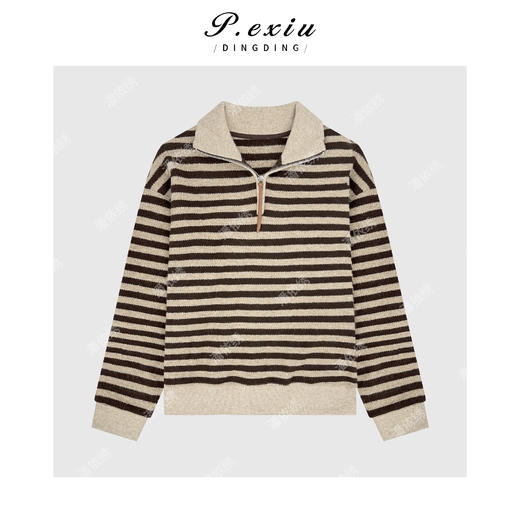 04-2潘依绣丁丁宠粉慵懒风撞色条纹宽松半拉链立领长袖针织上衣Q69314 商品图0
