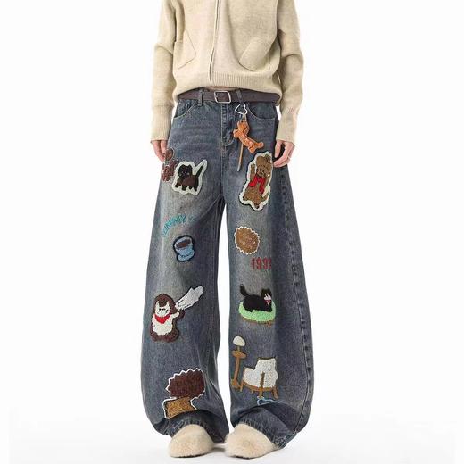 F040518春秋季新款情侣款高街vibe风刺绣拼接做旧风水洗牛仔裤长裤 商品图3