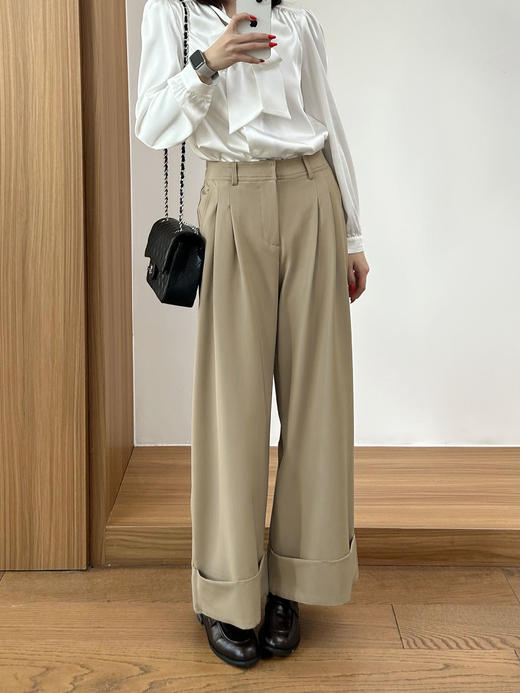 天猫同步【简约高级感】拉夏贝尔/La Chapelle通勤百搭阔腿裤微弹半松紧压褶卷边显瘦休闲裤 商品图5