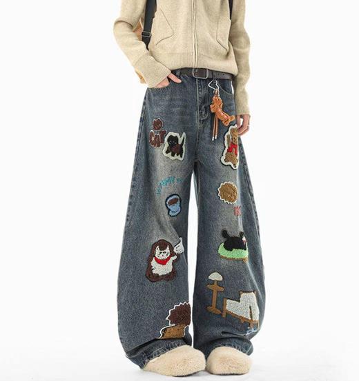 F040518春秋季新款情侣款高街vibe风刺绣拼接做旧风水洗牛仔裤长裤 商品图6