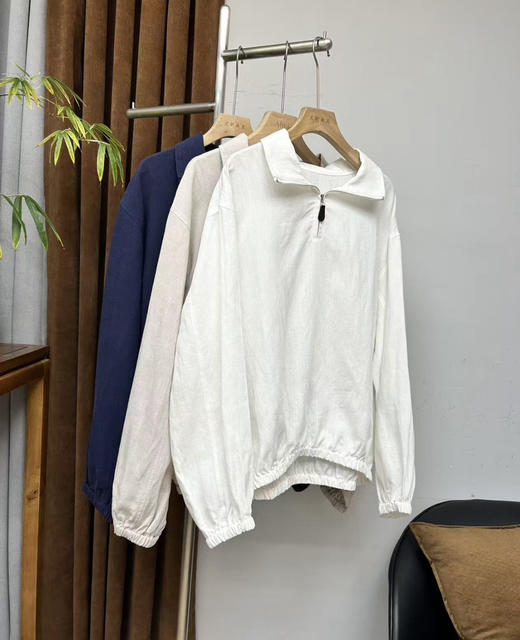 JI简轻奢进口亚麻半拉链立领宽松轻薄卫衣款外套 商品图2