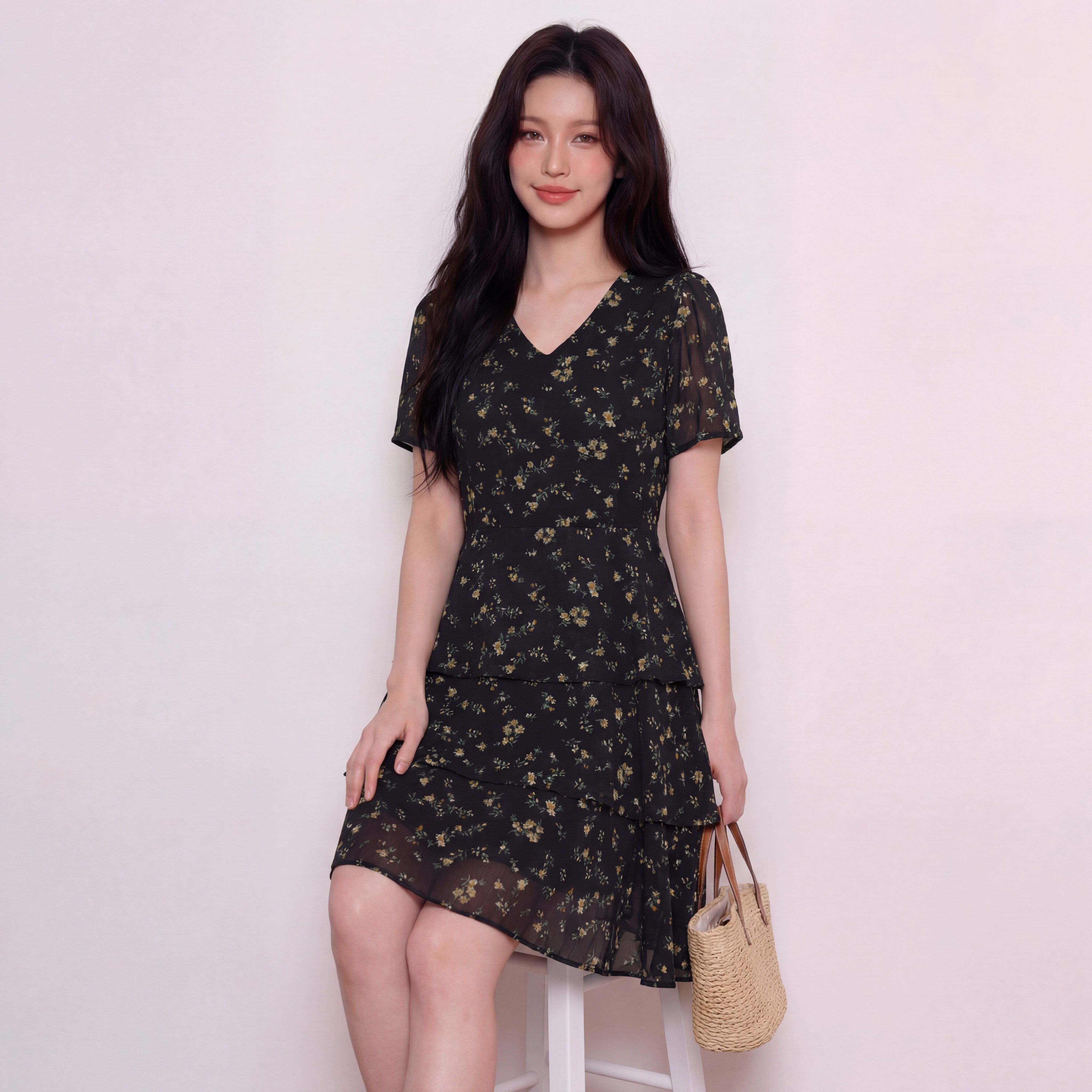 奢姿大码女装2026夏季减龄荷叶边V领连衣裙胖妹妹碎花蛋糕裙子9962860131