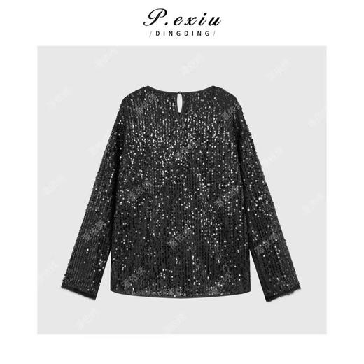 04-2潘依绣丁丁宠粉 气质钉珠亮片袖口拼接半开扣圆领长袖上衣W-63591 商品图1