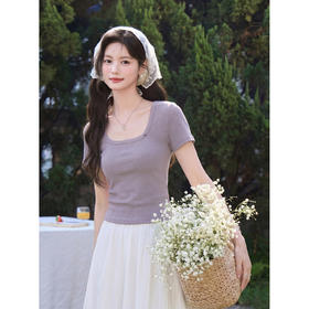 鹿向南「紫霞轻染」法式方领紫色短袖T恤女夏季新款修身显瘦上衣