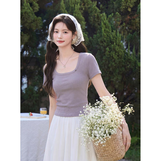 鹿向南「紫霞轻染」法式方领紫色短袖T恤女夏季新款修身显瘦上衣 商品图0