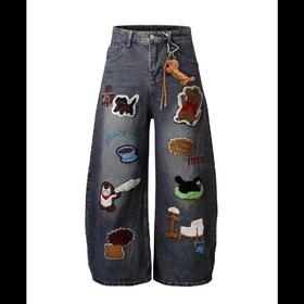 F040518春秋季新款情侣款高街vibe风刺绣拼接做旧风水洗牛仔裤长裤