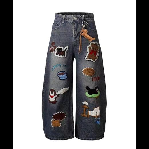 F040518春秋季新款情侣款高街vibe风刺绣拼接做旧风水洗牛仔裤长裤 商品图0