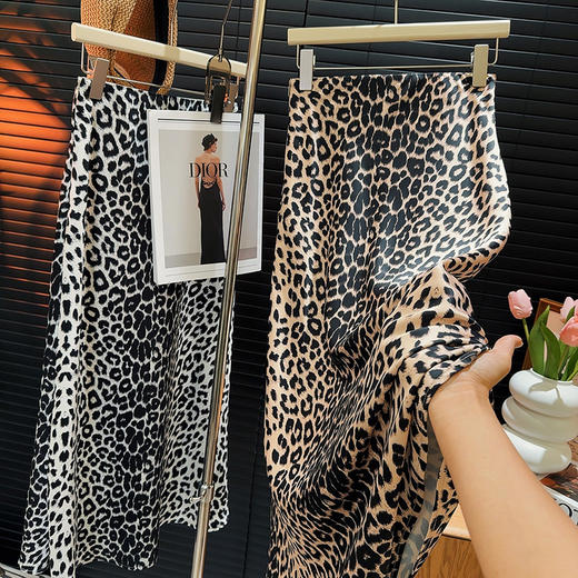 【美式复古豹纹包臀鱼尾裙】夏季新款 小众醋酸缎面高腰抽绳垂感半身裙 商品图0