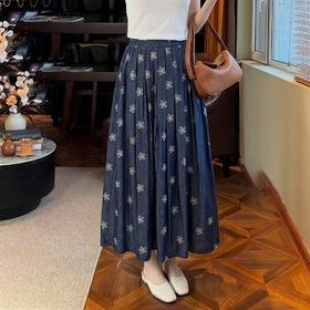 一眼心动~法式复古刺绣花朵牛仔裙 收腰显瘦A字裙女BSQ2618