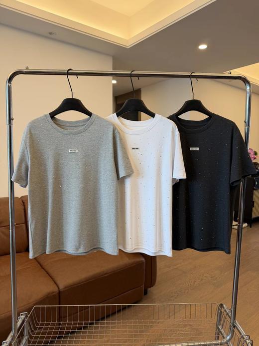 F040507日常简约休闲通勤重工烫钻圆领正肩版型短袖T恤 商品图0