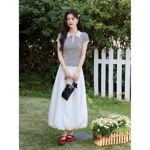 鹿向南「线条画笔」条纹莱赛尔POLO领上衣女夏季亚麻短袖显瘦T恤 商品图4