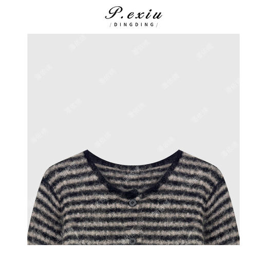 04-2潘依绣丁丁宠粉马海毛撞色条纹拉毛松弛圆领长袖针织开衫Q48881 商品图2