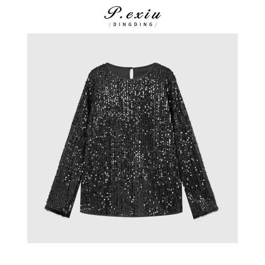 04-2潘依绣丁丁宠粉 气质钉珠亮片袖口拼接半开扣圆领长袖上衣W-63591 商品图0