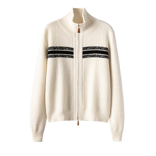 翻领条纹~山羊绒撞色条纹双拉链半高领羊绒针织开衫R260587 商品图0