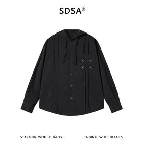 SDSA男装2026新款高贵轻奢日系褶皱刺绣纯色连帽长袖衬衫百搭舒适